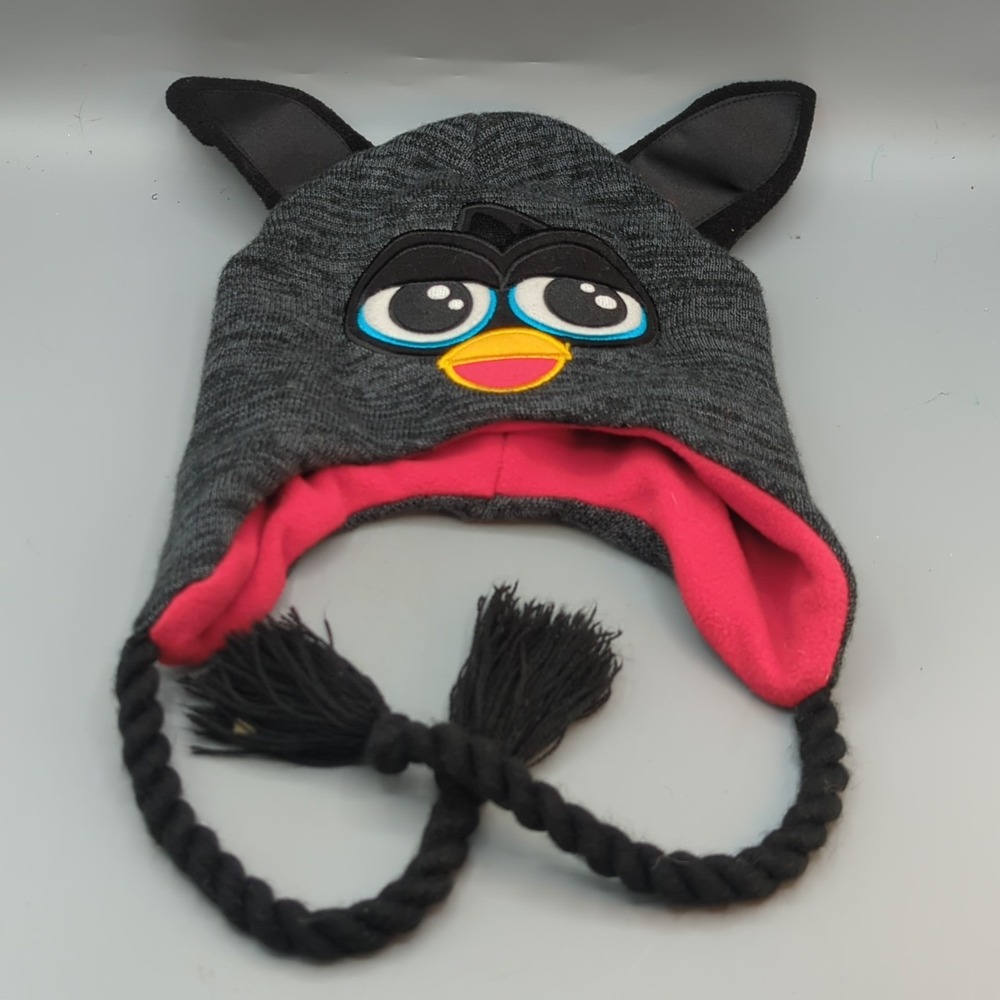 2013 FURBY BIG FACE Knit Laplander Hat Beanie Black Earflaps & Tassels Age 14+